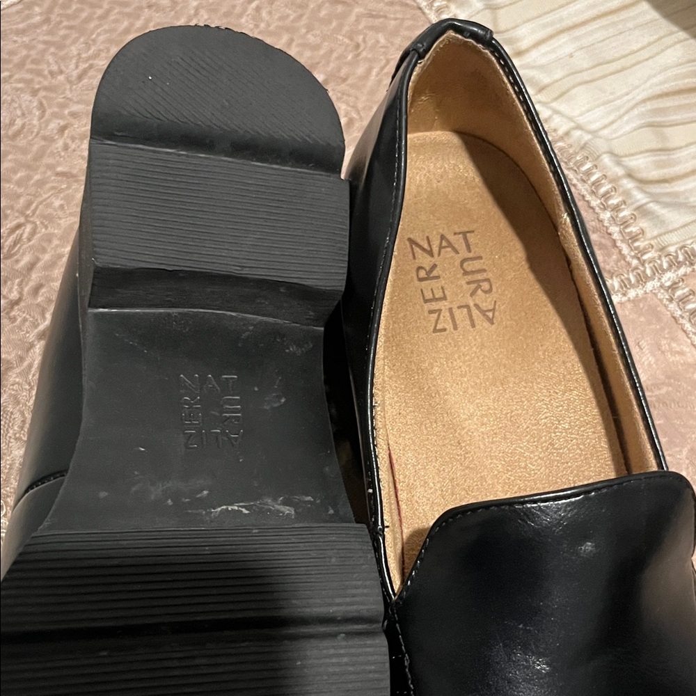 Naturalizer Black Leather Slip-On Loafers with Tan Contrast Welt - Picture 3 of 7